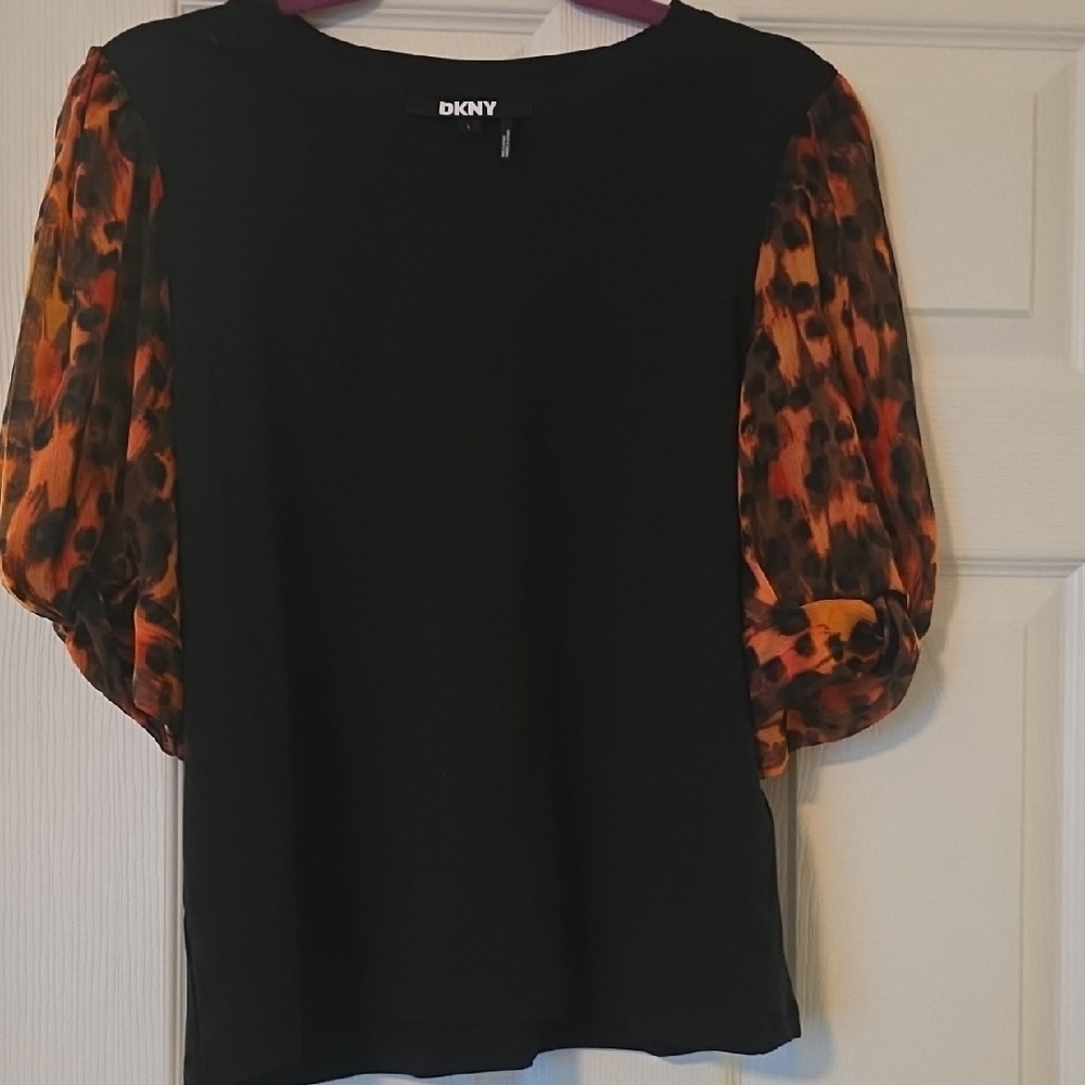 DKNY Black Blouse with Vibrant Orange Sleeves